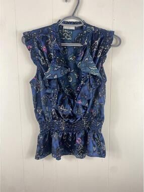 STRETCH Navy Paisley Print Ruffle Y2K Boho Top M Fairy Whimsigoth Gypsy Sexy